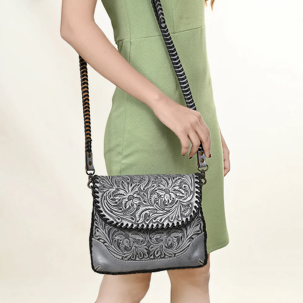 American Darling Leather Floral Tooled Crossbody Bag in Grey