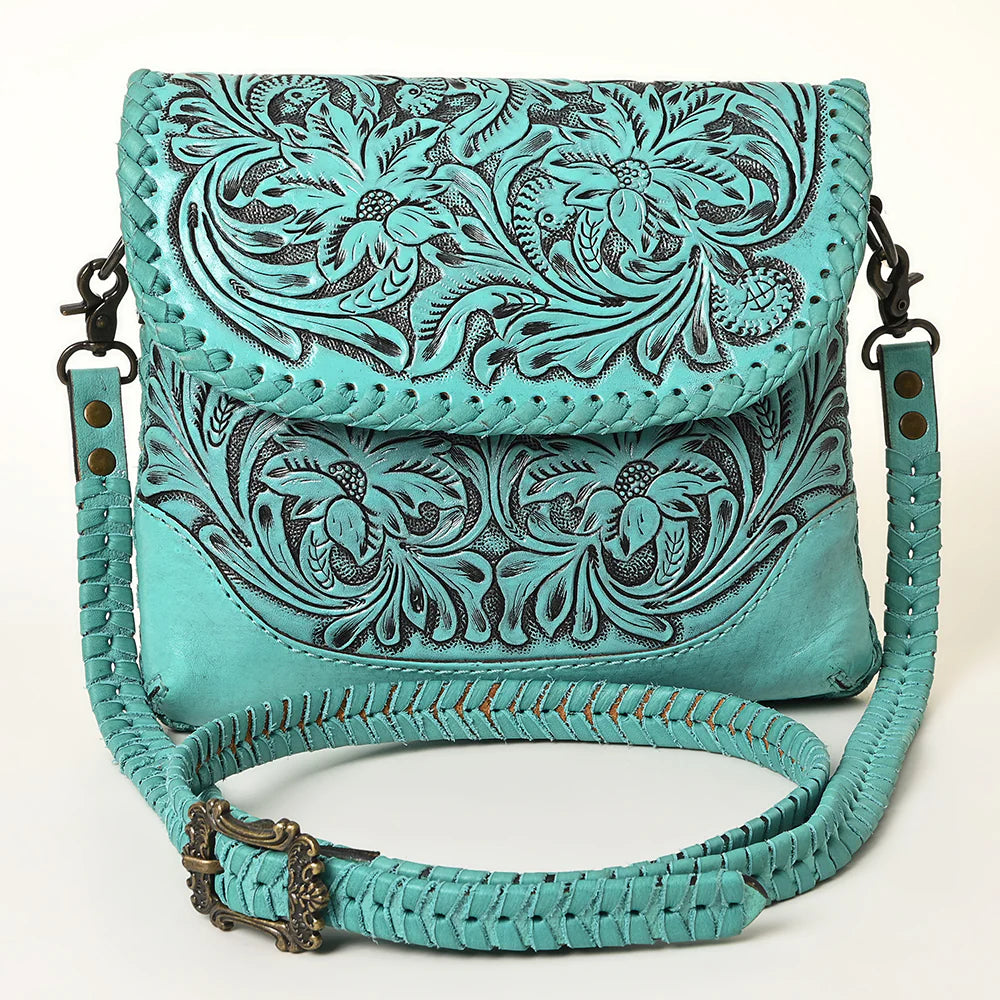 American Darling Leather Floral Tooled Crossbody Bag in Turquoise