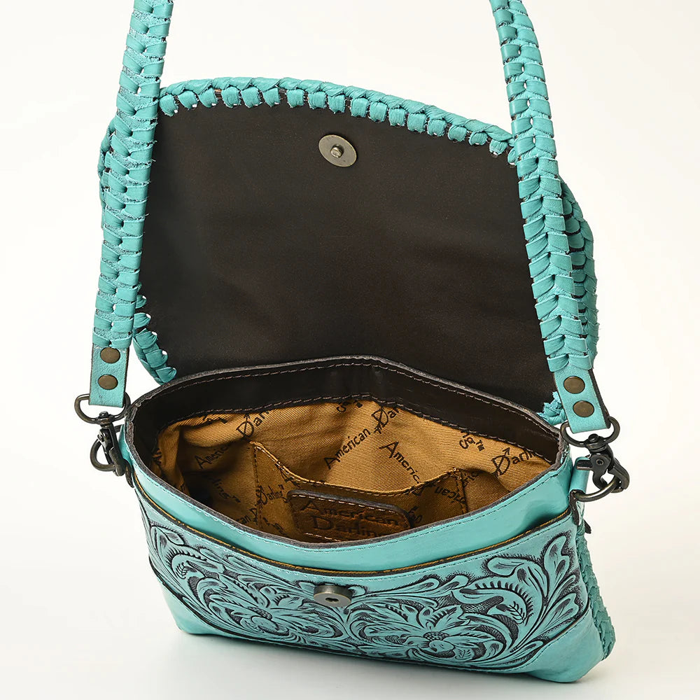 American Darling Leather Floral Tooled Crossbody Bag in Turquoise