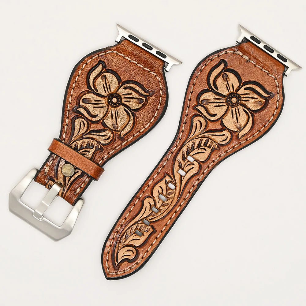 American Darling Tan Floral Tooled Tapered Leather iWatch Band