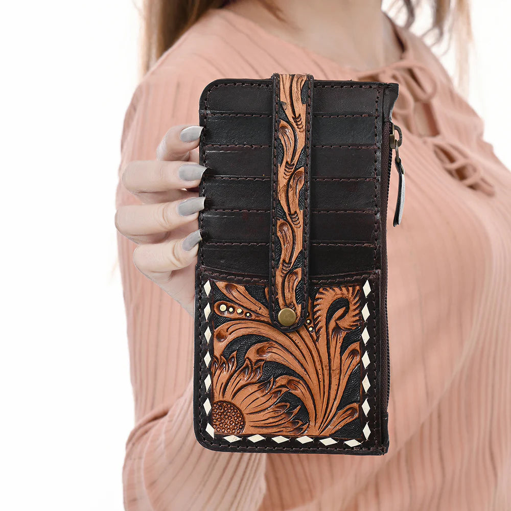 American Darling Buckstitched Floral Tooled Leather Card Wallet