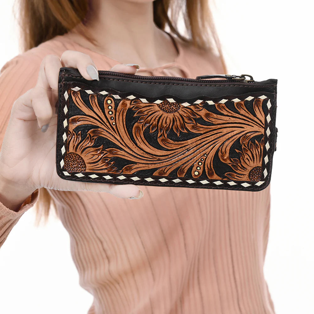 American Darling Buckstitched Floral Tooled Leather Card Wallet
