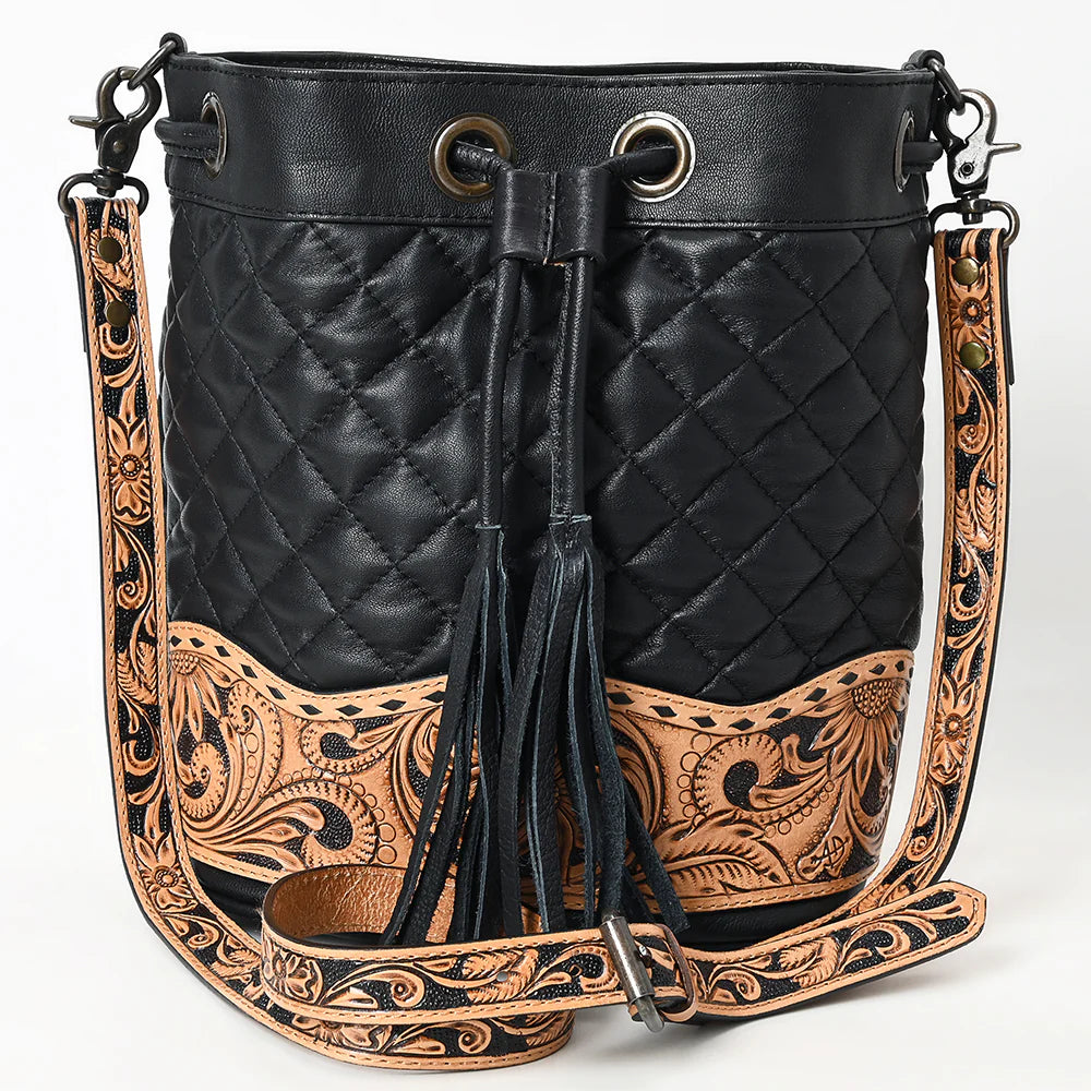 American Darling Floral Tooled Quilted Black Leather Crossbody Bucket Bag