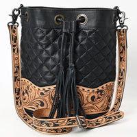 American Darling Floral Tooled Quilted Black Leather Crossbody Bucket Bag