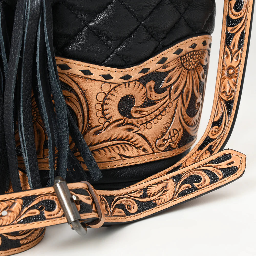American Darling Floral Tooled Quilted Black Leather Crossbody Bucket Bag