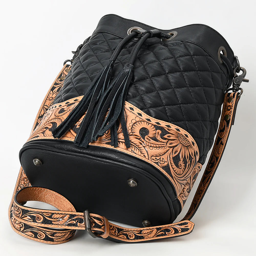 American Darling Floral Tooled Quilted Black Leather Crossbody Bucket Bag