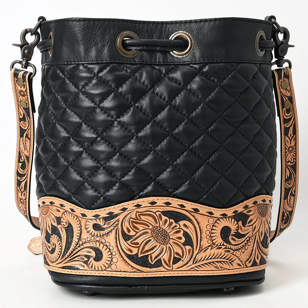 American Darling Floral Tooled Quilted Black Leather Crossbody Bucket Bag