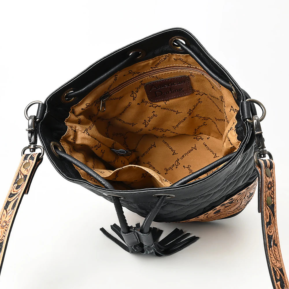 American Darling Floral Tooled Quilted Black Leather Crossbody Bucket Bag