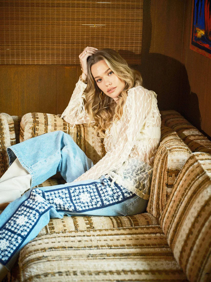 Women's L/S Sheer Ruffle Lace Tie Front Blouse in Cream