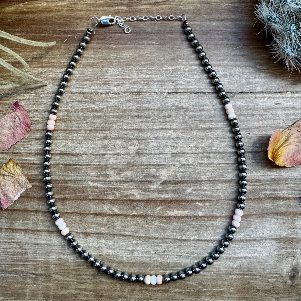 14" Pink Conch and 4mm Sterling Silver Pearl Choker