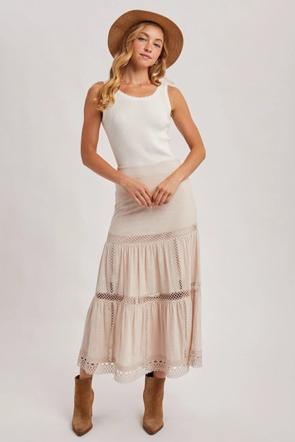 Women's Western Bohemian Crochet Midi Skirt in Oatmeal