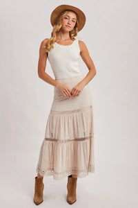 Women's Western Bohemian Crochet Midi Skirt in Oatmeal