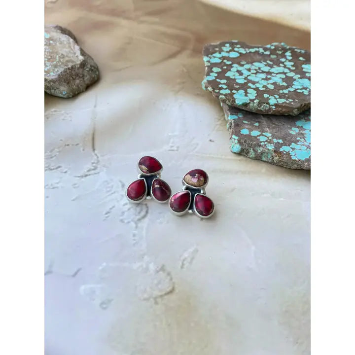 Sterling Silver 3 Stone Handmade Stud Earrings in Dahlia Rose