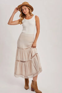 Women's Western Bohemian Crochet Midi Skirt in Oatmeal