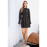 Women's L/S Dot Printed Smocked Waist Dress in Black