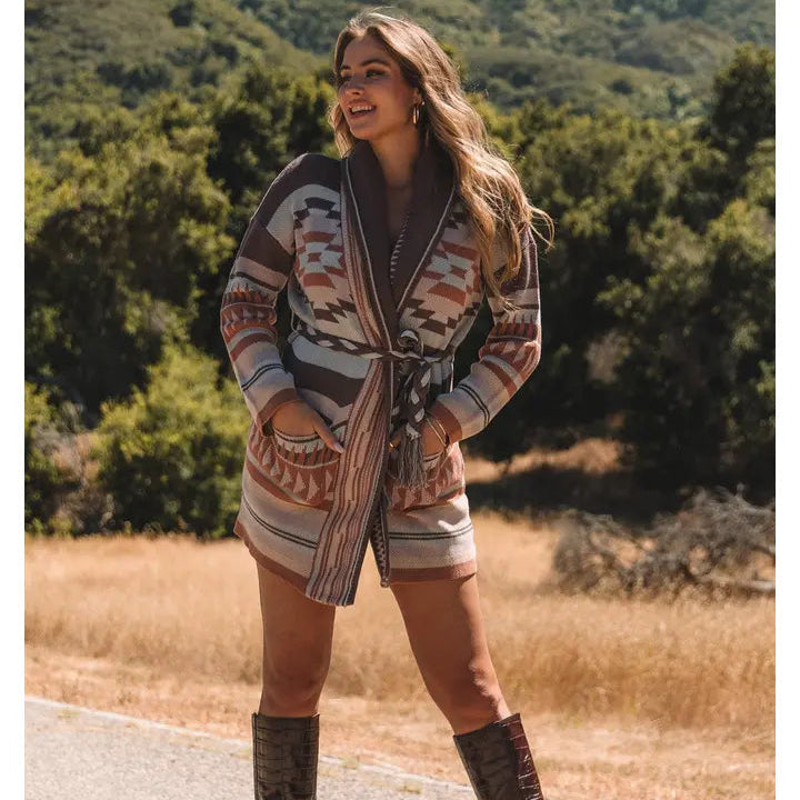 Women's L/S Heritage Wrap Cardigan in Taupe and Blush