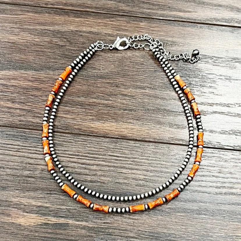 Navajo Inspired Pearl & Gemstone Double Strand Necklace (2 Gemstone Variants Available)