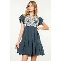 Women's S/S Embroidered Flutter Sleeve Dress in Navy