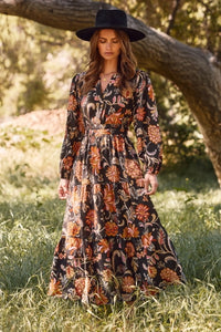 Women's L/S Floral Printed Midi Dress in Black (Available in Plus Sizes)