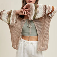 Women's Multi-Color Sleeve Crochet Tie Front Cardigan in Mocha and Olive