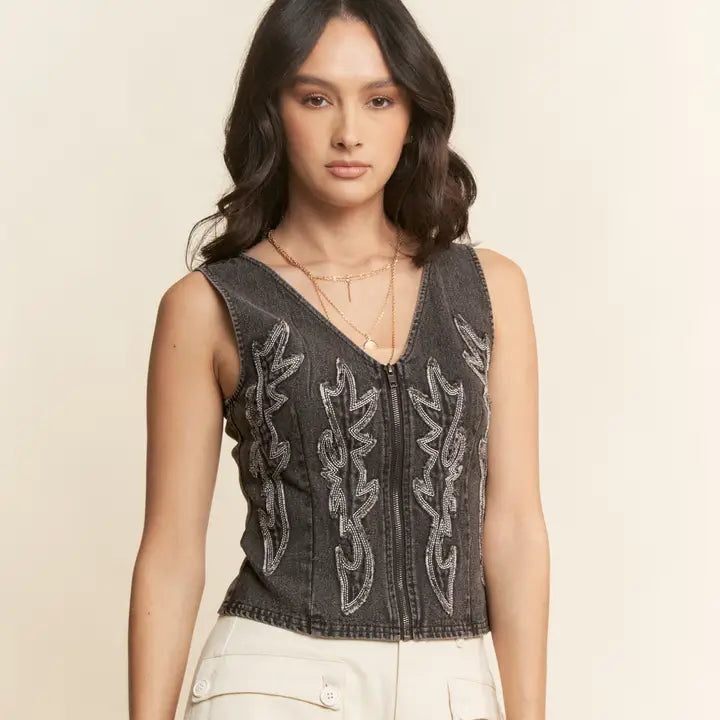 Women's Sleeveless Cropped Denim Corset Zip Front Top in Black (Available in Regular & Plus Sizes!)