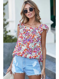 Women's Rose Red Floral Square Neck Flutter Tank Top