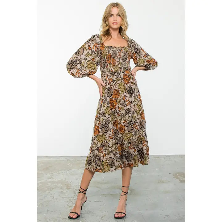 Women's L/S Balloon Sleeve Smocked Floral Print Midi Dress in Taupe