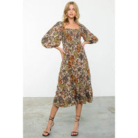 Women's L/S Balloon Sleeve Smocked Floral Print Midi Dress in Taupe