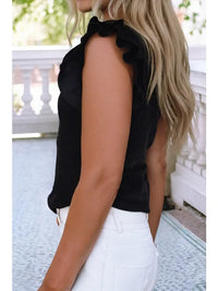 Women's Ruffled Sleeve Slim Fit Crew Neck in Black