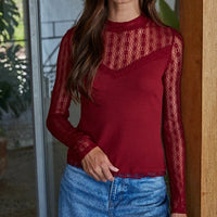Women's L/S Ribbed Sheer Lace Mock Neck Shirt (Available in 3 Colors)