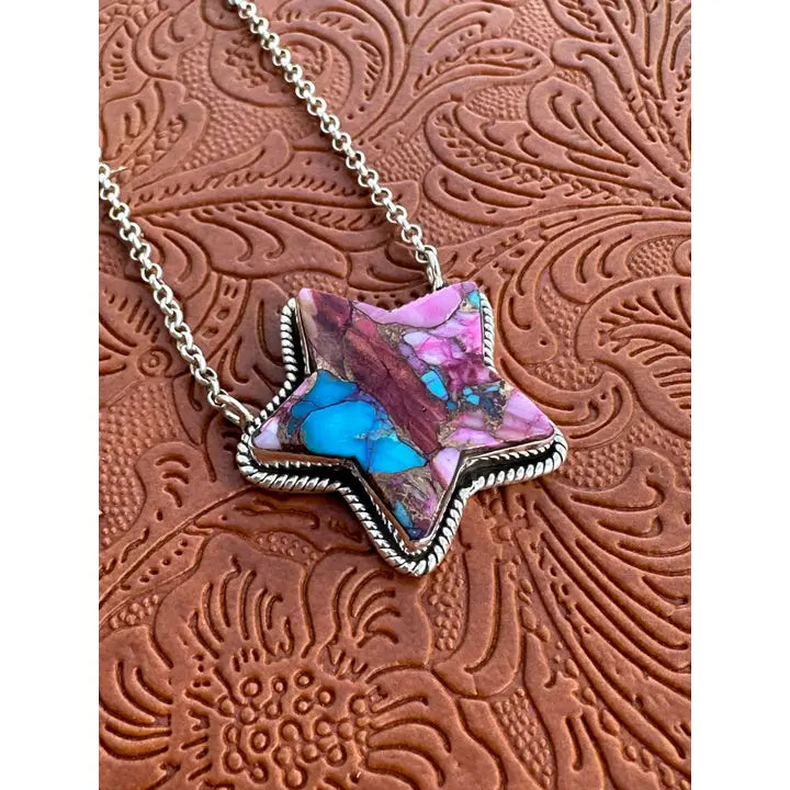 16" Handmade Star Sterling Silver Necklace in Pink Dream