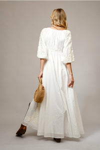 Women's 3/4 Sleeve Embroidered Maxi Dress in Off White