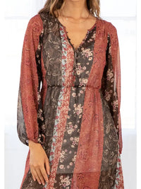 Women's L/S Floral Patchwork Bohemian Maxi Dress in Cinnamon and Brown