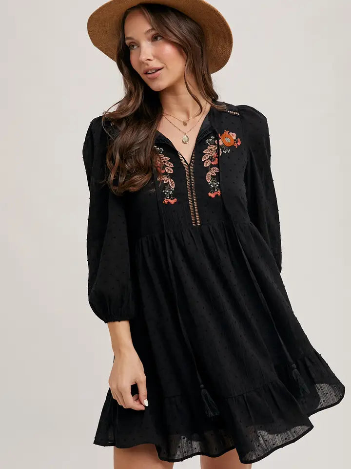 Women's 3/4 Sleeve Embroidered Ruffle Babydoll Dress in Black