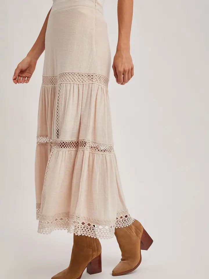 Women's Western Bohemian Crochet Midi Skirt in Oatmeal