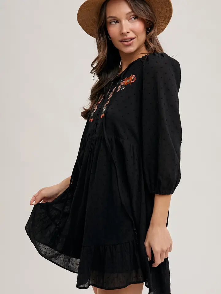 Women's 3/4 Sleeve Embroidered Ruffle Babydoll Dress in Black