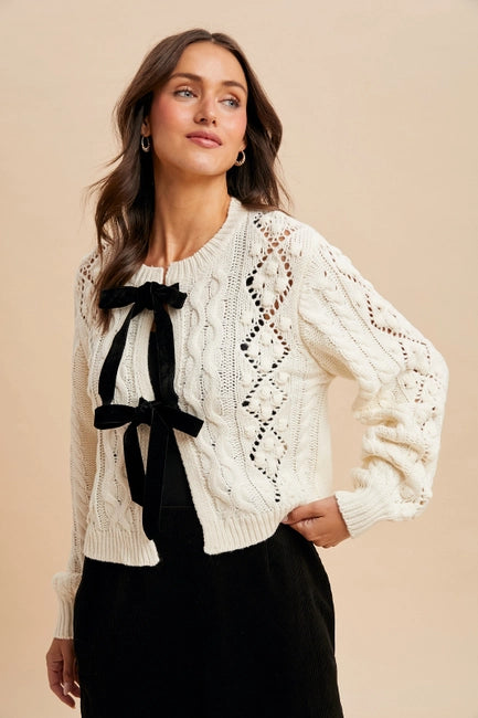 Women's Cable Knit Ribbon Tie Cardigan in Cream
