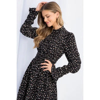 Women's L/S Dot Printed Smocked Waist Dress in Black