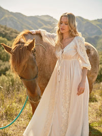 Women's 3/4 Sleeve Embroidered Maxi Dress in Off White