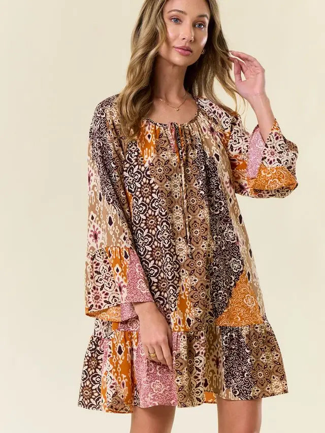 Women's L/S Boho Pattern Ruffled A-Line Mini Dress