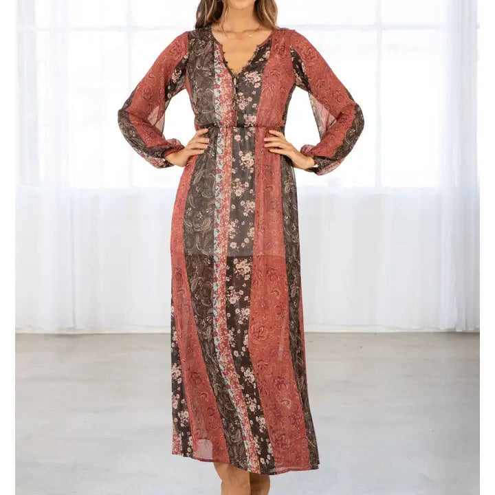 Women's L/S Floral Patchwork Bohemian Maxi Dress in Cinnamon and Brown