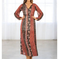 Women's L/S Floral Patchwork Bohemian Maxi Dress in Cinnamon and Brown