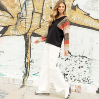 Women's L/S Multi Print Blocked Sleeve Knit Top in Black