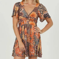Women's Ruffle Sleeve Floral Twist Front Mini Dress in Sunset