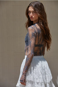 Women's L/S Sheer Floral Lace Mock Neck Mesh Top (Available in 2 Colors)