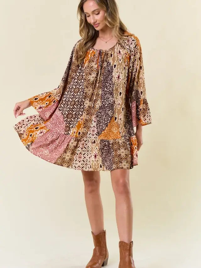 Women's L/S Boho Pattern Ruffled A-Line Mini Dress