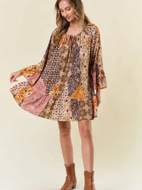 Women's L/S Boho Pattern Ruffled A-Line Mini Dress