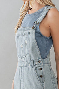 Women's Distressed Wide Leg Flare Denim Overalls in Light Wash