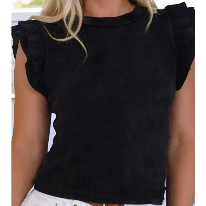 Women's Ruffled Sleeve Slim Fit Crew Neck in Black