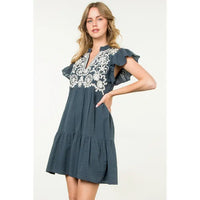 Women's S/S Embroidered Flutter Sleeve Dress in Navy